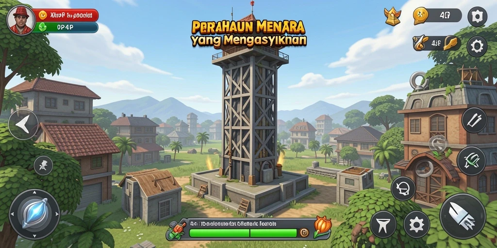 Screenshot gameplay menunjukkan pertahanan menara yang strategis dan serangan musuh.