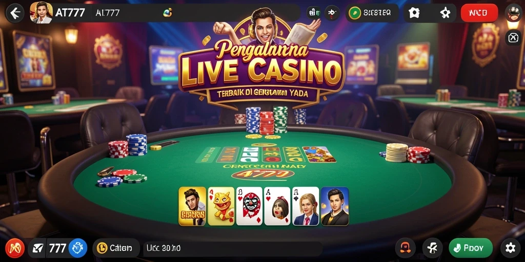 Screenshot gameplay Live Casino AT777 menampilkan dealer langsung dan pemain berinteraksi.