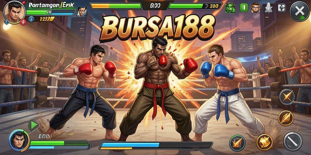 Screenshot BURSA188 menampilkan pertarungan seru antara karakter dengan efek visual yang mengesankan.