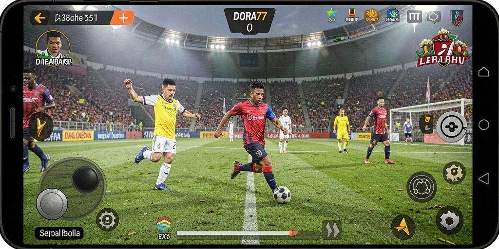 Screenshot DORA77 menampilkan aksi seru dalam pertandingan sepak bola.