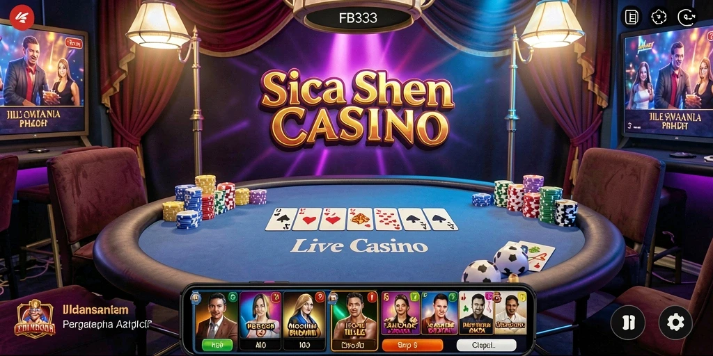Screenshot permainan FB333 menampilkan dealer live dan pemain beraksi di meja casino.