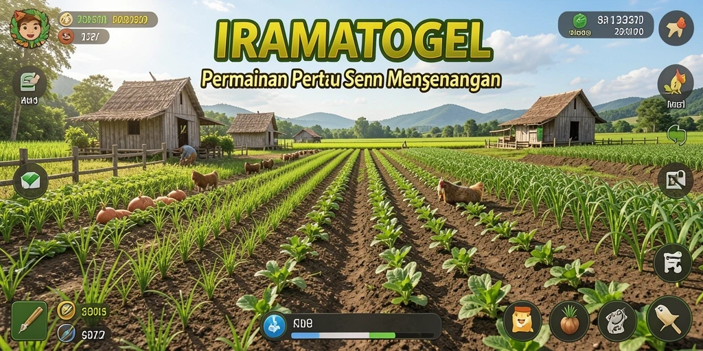 Tangkapan layar gameplay <strong>IRAMATOGEL</strong> yang menampilkan ladang yang subur dan aktivitas bertani.