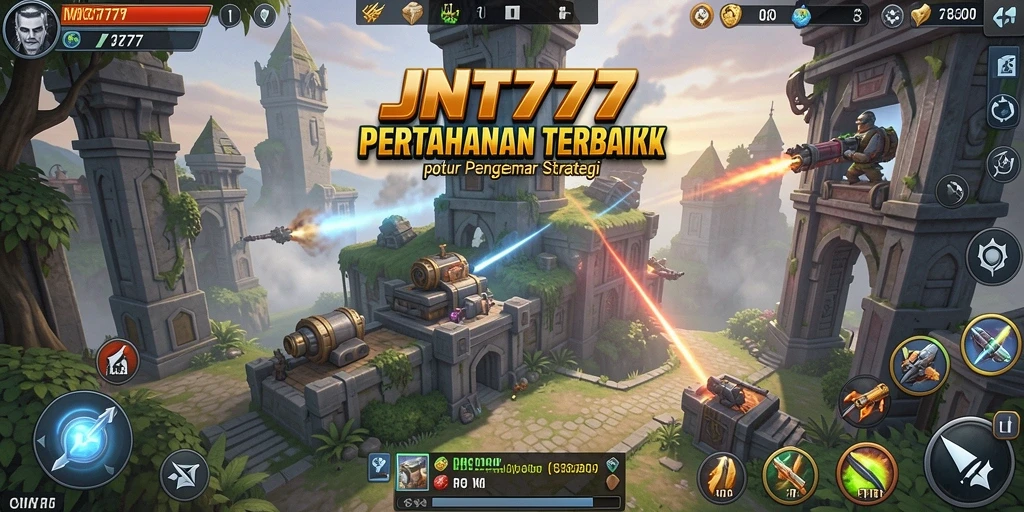 Tangkapan layar utama JNT777 menampilkan momen seru dalam pertahanan menara.