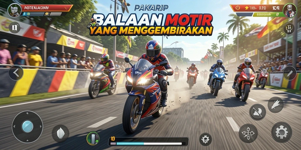 Tampilan gameplay seru dari balapan motor PAKARJP dengan trek yang bervariasi.