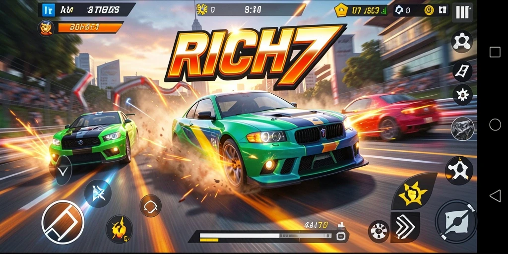 Screenshot RICH7 menampilkan aksi balapan yang mendebarkan dan mobil yang terlihat memukau.