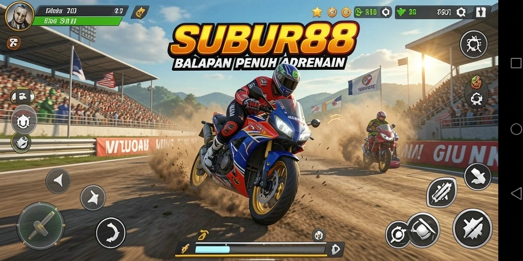 Gameplay SUBUR88 menampilkan balapan motor yang seru dan menegangkan.